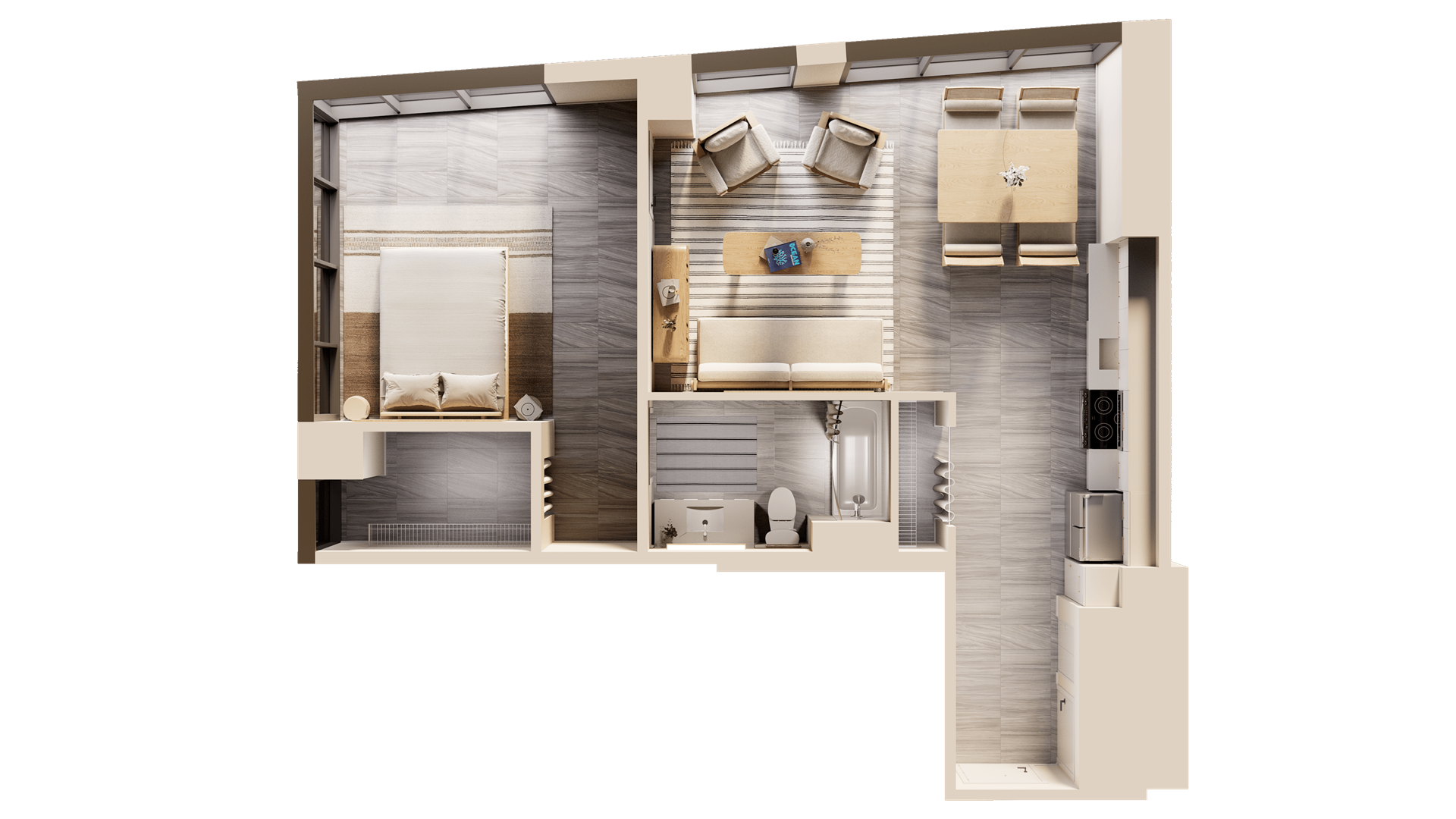 A 3D rendered image of a modern apartment layout.